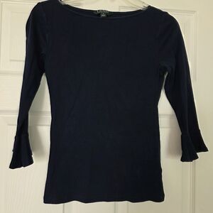 Lauren Ralph Lauren Navy 3/4 Sleeve Boatneck Top With Ruffled Sleeve Hem Size S